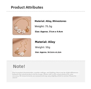 Detailed size and weight specifications chart for floral rhinestone statement necklaces