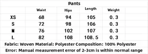 Size chart for double-breasted suit trousers showing waist, hip, and length in cm