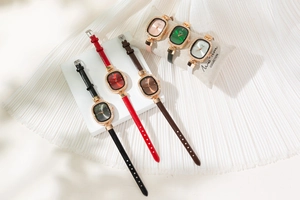 Collection of fashion oval watches with crystal bezels and colorful leather straps