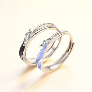Macro shot of S925 sterling silver unicorn couple rings with enamel wings and zirconia
