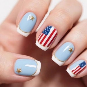 Press On Nails Amerikanische Flagge Unabhängigkeitstag Kurz Quadratisch Künstliche Nägel French Tip Sterne Streifen