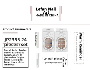 Short ballet press-on nails set with geometric pink and white design, 24 pieces with glue