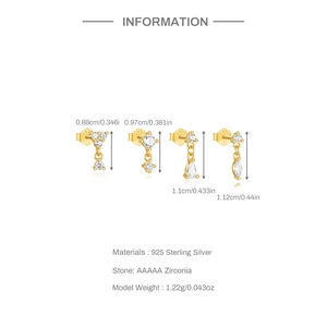 Minimalist s925 silver 4-piece earring set with gold finish and zircon tassels