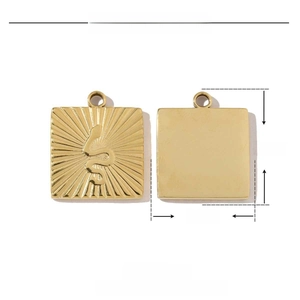 Detailed specs of square golden steel pendant featuring snake relief and dimensions
