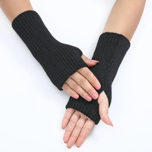 Women's black ribbed knit fingerless gloves with thumb hole for winter fashion warmth