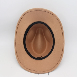 Detail of camel wool felt fedora interior with black sweatband and size 57 label