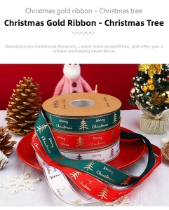Detail of Christmas ribbons in red, green, and white with golden trees and Merry Christmas text