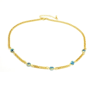 Close-up of golden chain necklace featuring five blue evil eye charms with adjustable clasp