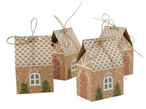 Close-up of house-shaped kraft paper candy boxes with hemp rope and festive patterns