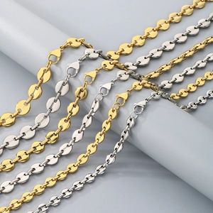 Hip hop coffee bean link necklace in 18K gold and silver stainless steel finishes