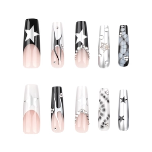 Long coffin fake nails with black white marble patterns, silver flames and stars decor