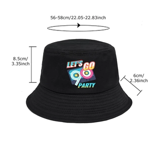 90s retro cassette bucket hat in black cotton with 56-58cm size chart diagram