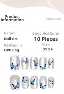 Detail showing 10-piece set of blue butterfly press-on nails with pearl finish and sizes