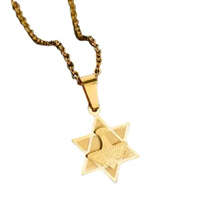 Golden stainless steel hexagram and bird pendant necklace with a minimalist link chain