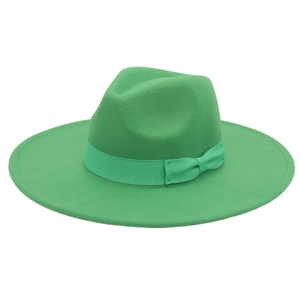 Detail of elegant green wide-brim felt fedora with matching ribbon bow decoration