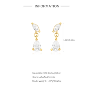 Detailed size specifications for teardrop silver earrings featuring AAAAA cubic zirconia