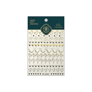 3D metallic hollow heart and curved line nail art stickers with gold and black finish