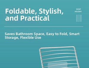 Close-up of wall-mounted stainless steel folding soap rack with durable metal wire grid