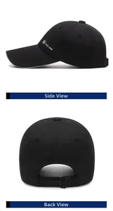 Detail of long brim baseball cap showing side brand logo and adjustable back strap