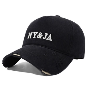 Vintage black cotton baseball cap with NY&JA embroidery and distressed brim details