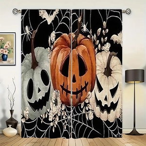 Detail of Halloween curtains featuring festive pumpkin designs and silver metal grommets