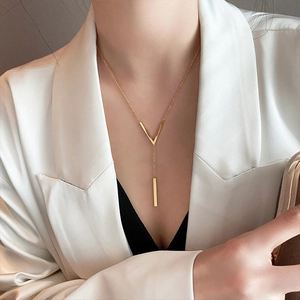 Minimalist V Shaped Vertical Bar Pendant Y Necklace Gold Plated Stainless Steel Long Chain Jewelry For Women