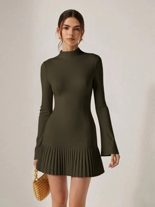 Deep olive green long sleeve mini dress with pleated hem and elegant slim fit design