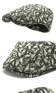 Macro detail of retro patterned fabric texture and reinforced brim of the beret cap