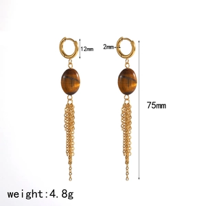 Gold stainless steel hoop earrings with tiger eye stone pendants and long tassel chains