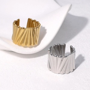Wide Band Ring Stainless Steel 18K Gold Plated Open Adjustable Pleated Ribbed Texture Minimalist Architectural Style For Women