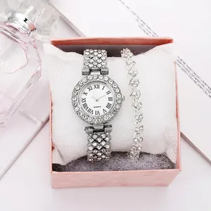 Luxury Rhinestone Women Quartz Watch With Matching Bracelet Roman Numeral Alloy Wristwatch Fashion Jewelry Gift