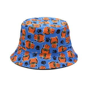 Double-sided navy bucket hat with cute orange lion and paw prints for sun protection