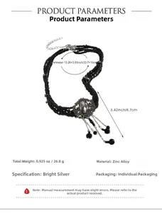 Detailed size specifications for a layered beaded choker with a large grey oval gemstone