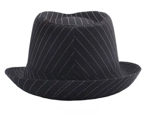 Back view of a black British style fedora hat with fine white pinstripes and curved brim