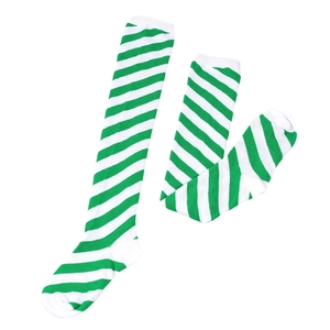 Detailed knit texture of green and white striped over-the-knee socks on white background