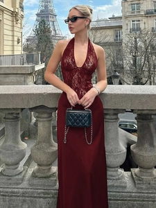 Halter Neck Lace Splicing Satin Maxi Dress Sexy Deep V Backless Evening Party Long Dress For Women