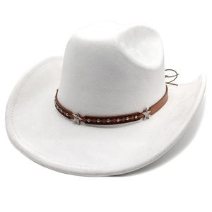 Macro shot of white suede fedora with brown leather band and silver star studs detail