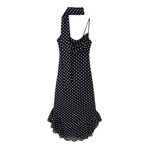 Black and white polka dot camisole dress with ruffle hem and scarf neckline detail