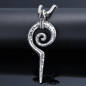 Vintage silver Viking rune staff pendant with spiral snake design on black stand