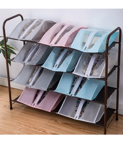 Waterproof shoe storage bags with zippers and clear windows in four assorted colors
