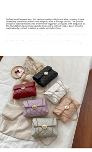 Flat lay of quilted leather crossbody bags with gold chain straps in six vibrant colors
