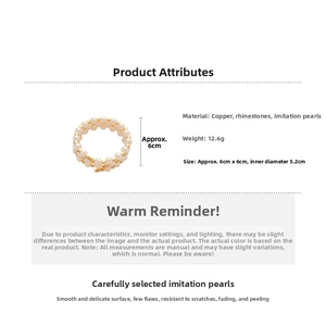Detailed specs of double-layer faux pearl bracelet with copper, rhinestones, and size data