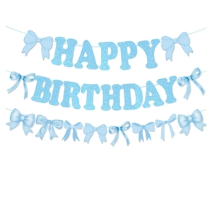 Blue glitter Happy Birthday banner set with decorative bows for party backdrop