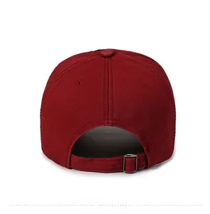 Rear view of deep red baseball cap showing adjustable strap and metal buckle detail