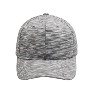 Close-up of heathered grey baseball cap with pre-curved brim and breathable eyelets
