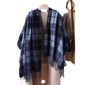 Blue plaid cashmere-like scarf with fringe tassels over a beige winter coat