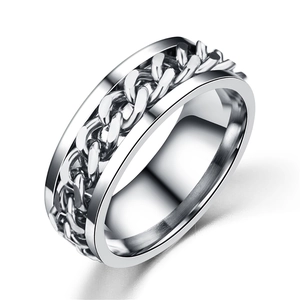 Detail of silver stainless steel spinner ring featuring a rotatable chain structure