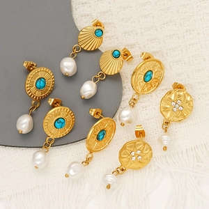 Vintage Bohemian Stud Earrings 18K Gold Plated 304 Stainless Steel With Artificial Baroque Pearl Turquoise For Women Hypoallergenic