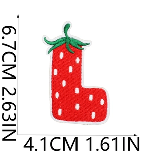 Detail of strawberry-shaped letter L embroidery patch with size markers 6.7cm x 4.1cm