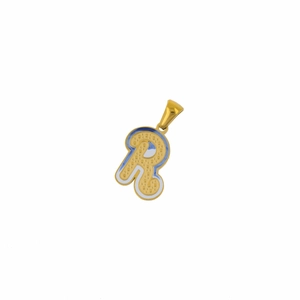 Detail of gold letter R pendant featuring blue and white enamel with polka dots